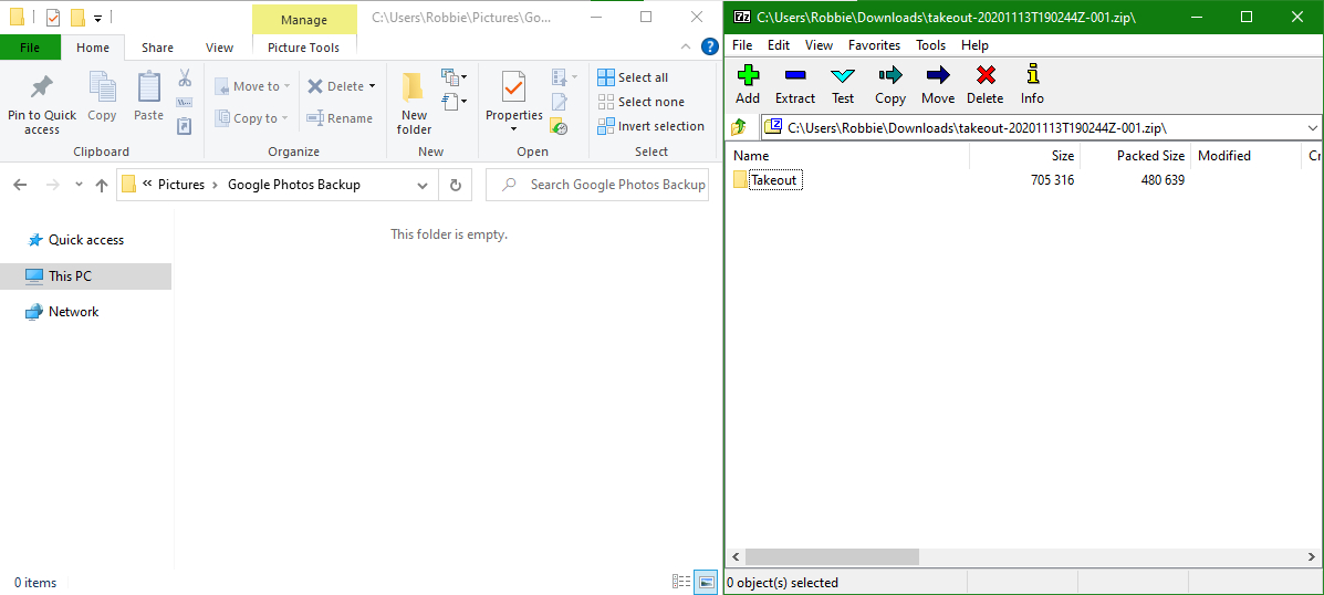 A windows File Explorer window next to a 7-Zip window