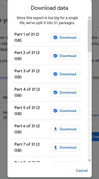 Google Takeout's download list