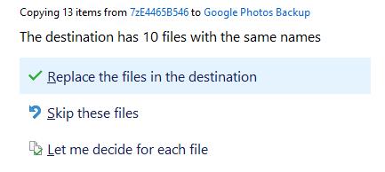 A Windows prompt window asking to replace or skip files with the same name