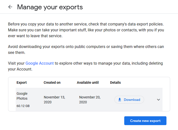 Google Takeout's "Manage your exports" page with one export available to download