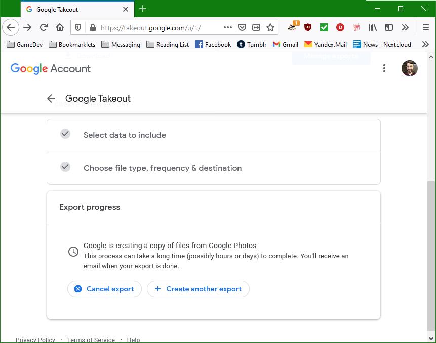 Google Takeout's export warning that it may take a long time