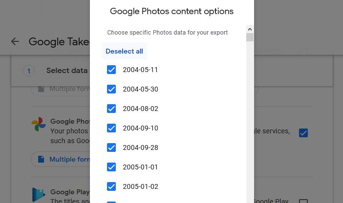 My album selection list for Google Photos in Google Takeout