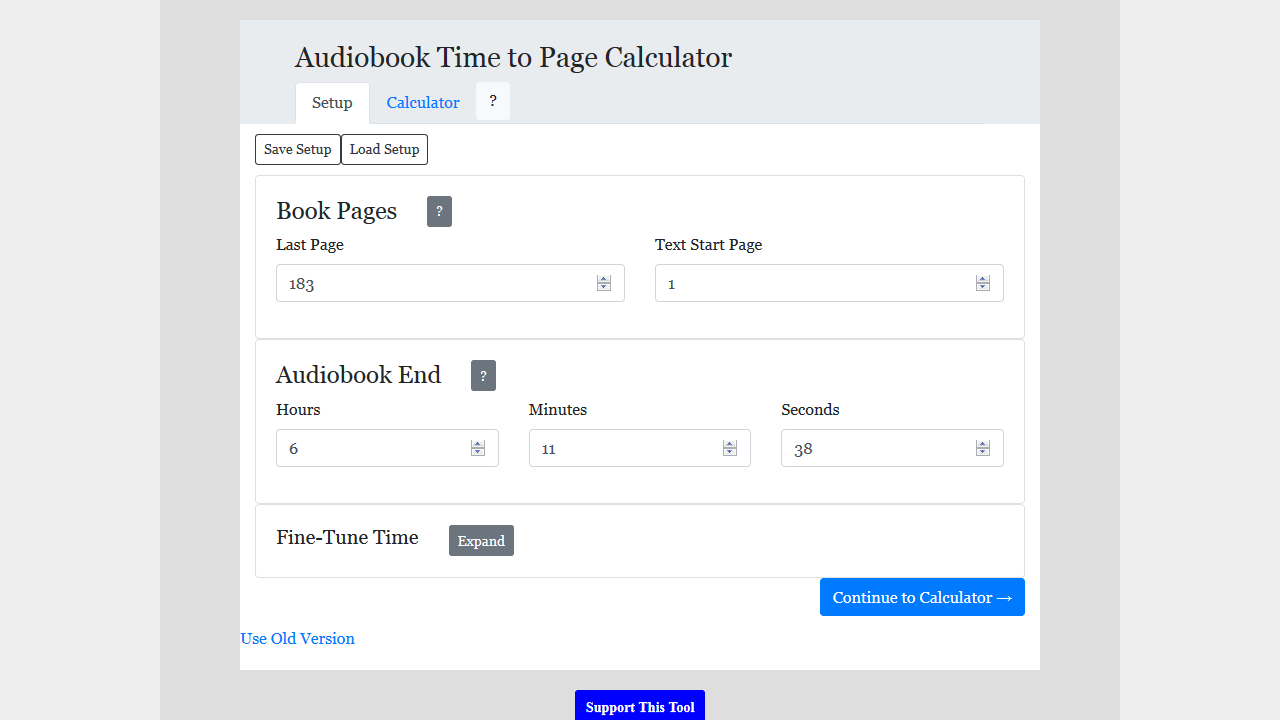 Screenshot of Time-to-Page Calculator